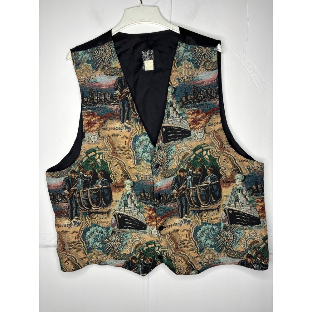 L.A. Attitudes Vintage 90s Tapestry Vest 3X Nautical Steamship Jazz Made in USA